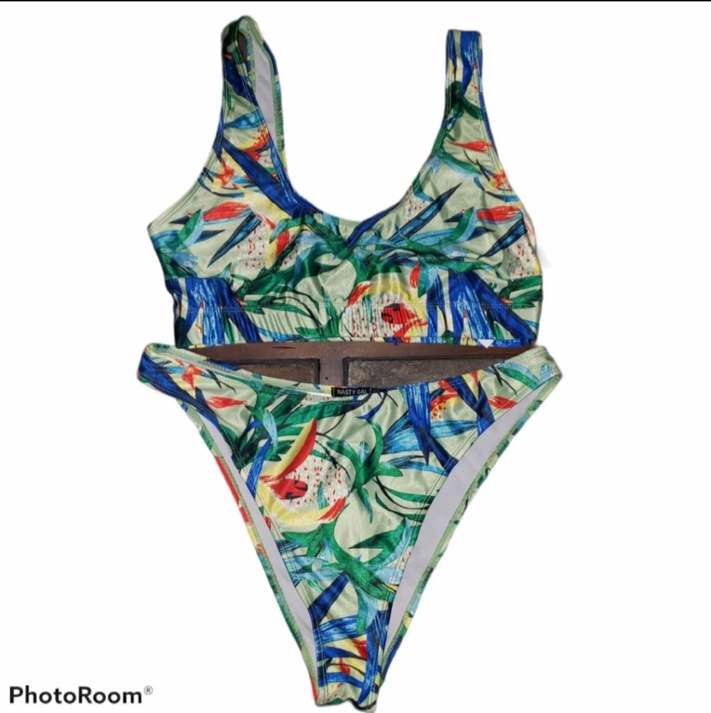 Nasty Gal multicolor Tropical print high leg bikini set size 10